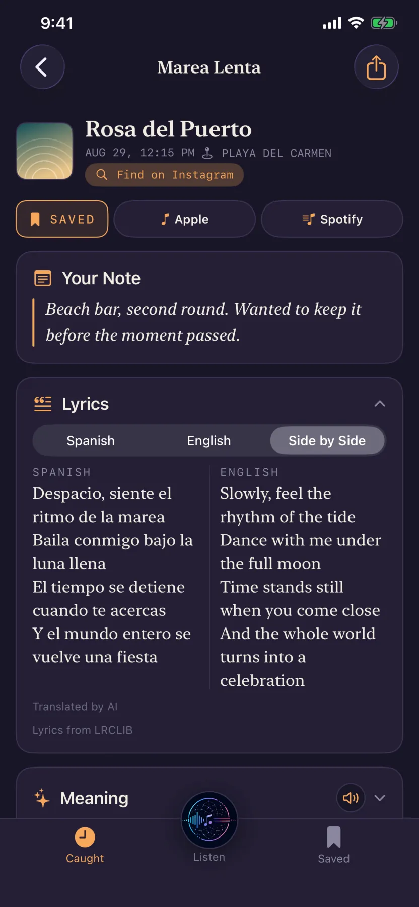 Lyrics shown in Spanish and English side by side, line for line.