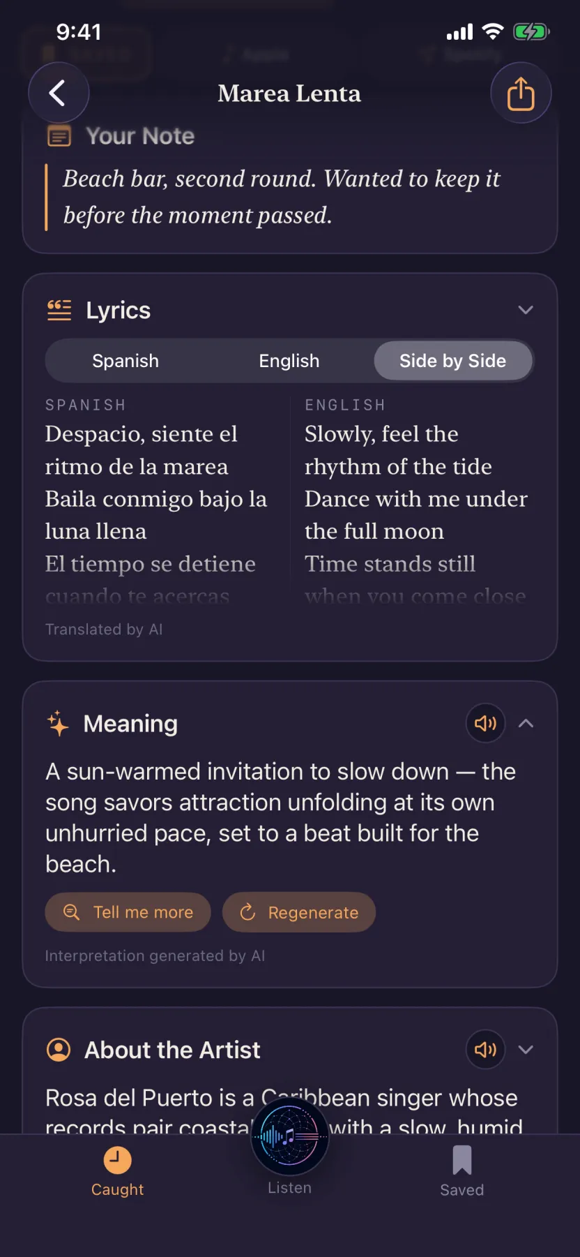 A written interpretation of what a song's lyrics mean, shown under the lyrics in the app.
