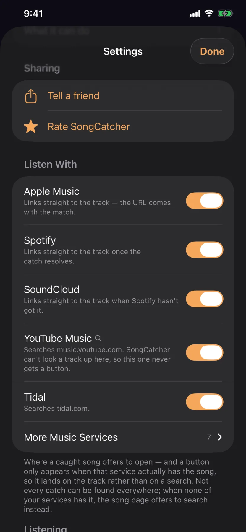 The Listen With setting: the five services chosen — Apple Music, Spotify, SoundCloud, YouTube Music and Tidal — each with a switch, and a row reading “More Music Services 7” holding the rest. YouTube Music is marked as one SongCatcher can't look a track up on.